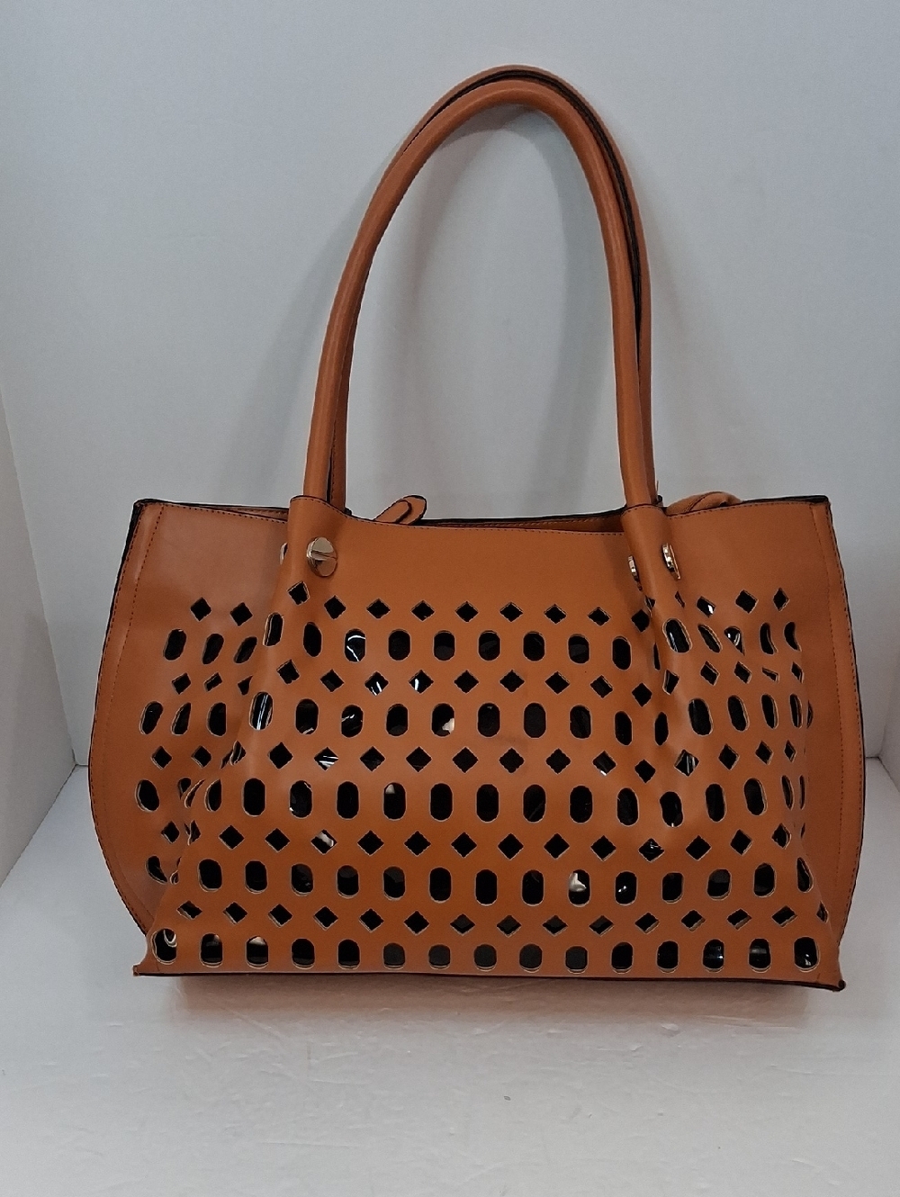Tan Laser Cut Geometric Tote Bag Double Handle Oversized OS